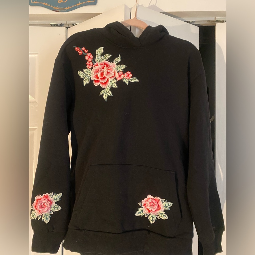 H&M Black Hoodie with Floral Embroidery